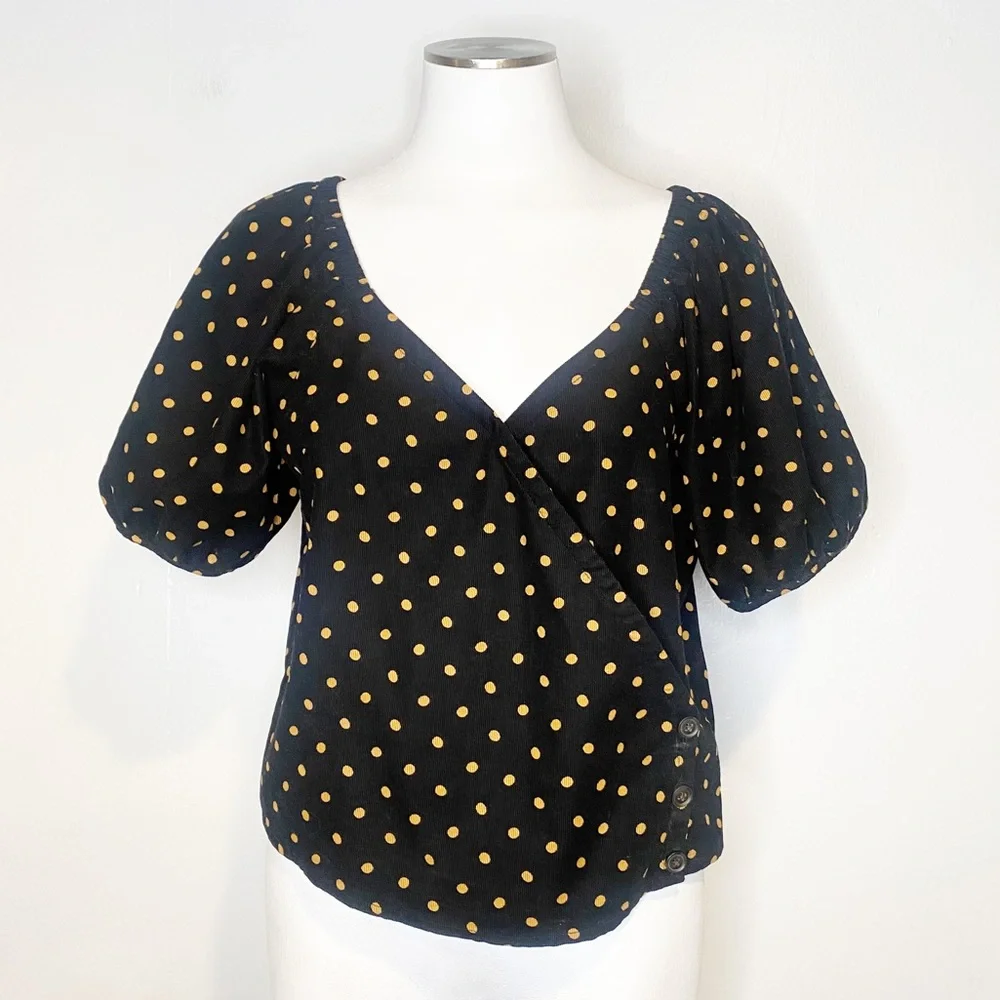 Madewell | NWT Corduroy Puff-Sleeve‎ Wrap Top in Oval Dot NC814 Sz. S